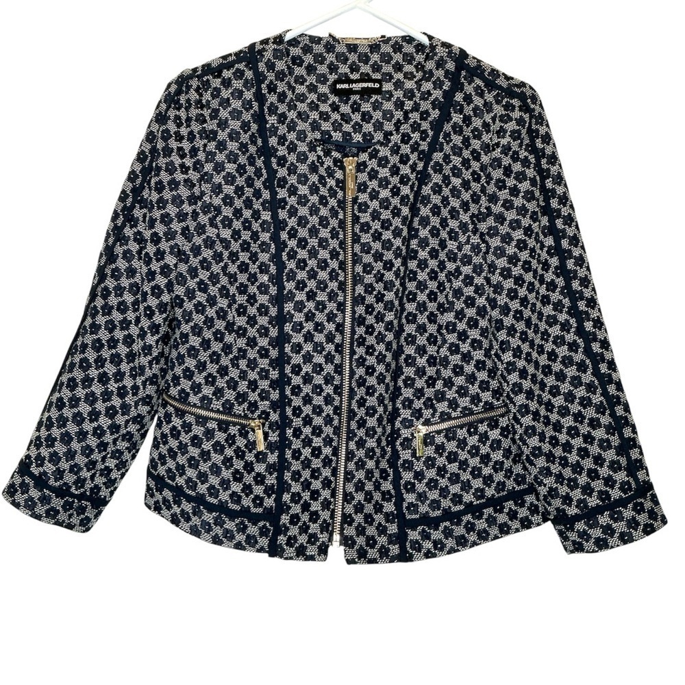 Karl Lagerfeld Lace Overlay Zip Up Jacket in Navy Size Small